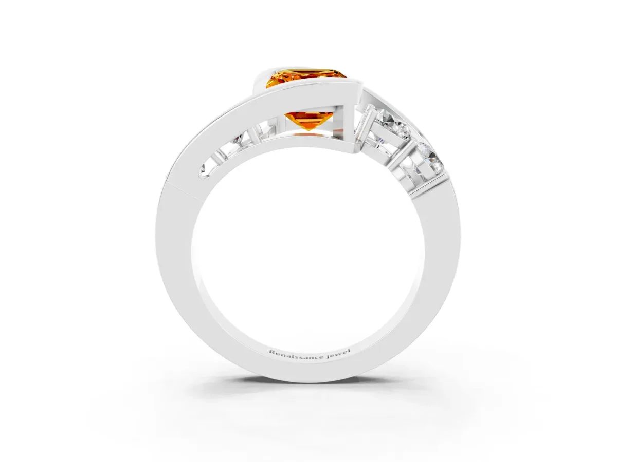 Bezel Set Emerald Cut Citrine Bypass Ring with Round Accents Silver