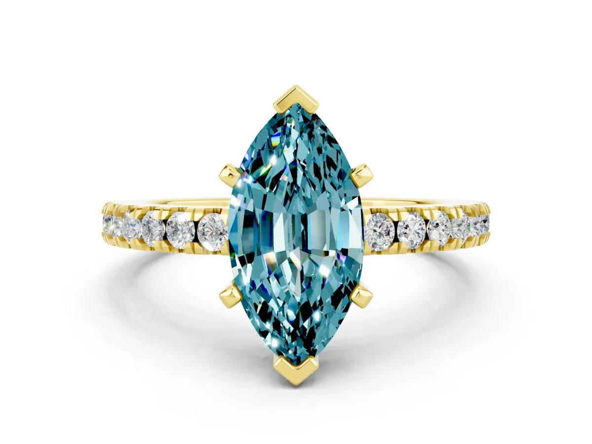 Marquise Cut Solitaire Blue Topaz with Pavé Band and Four-Prong Setting Yellow gold