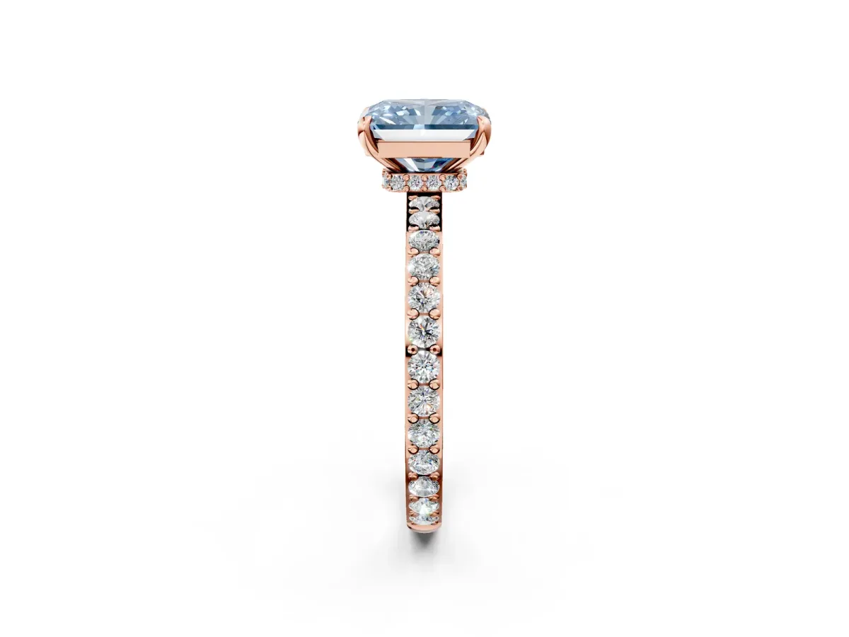 Fancy Blue Radiant Cut Diamond Solitaire Engagement Ring with Pavé Band and Four-Prong Setting Rose gold