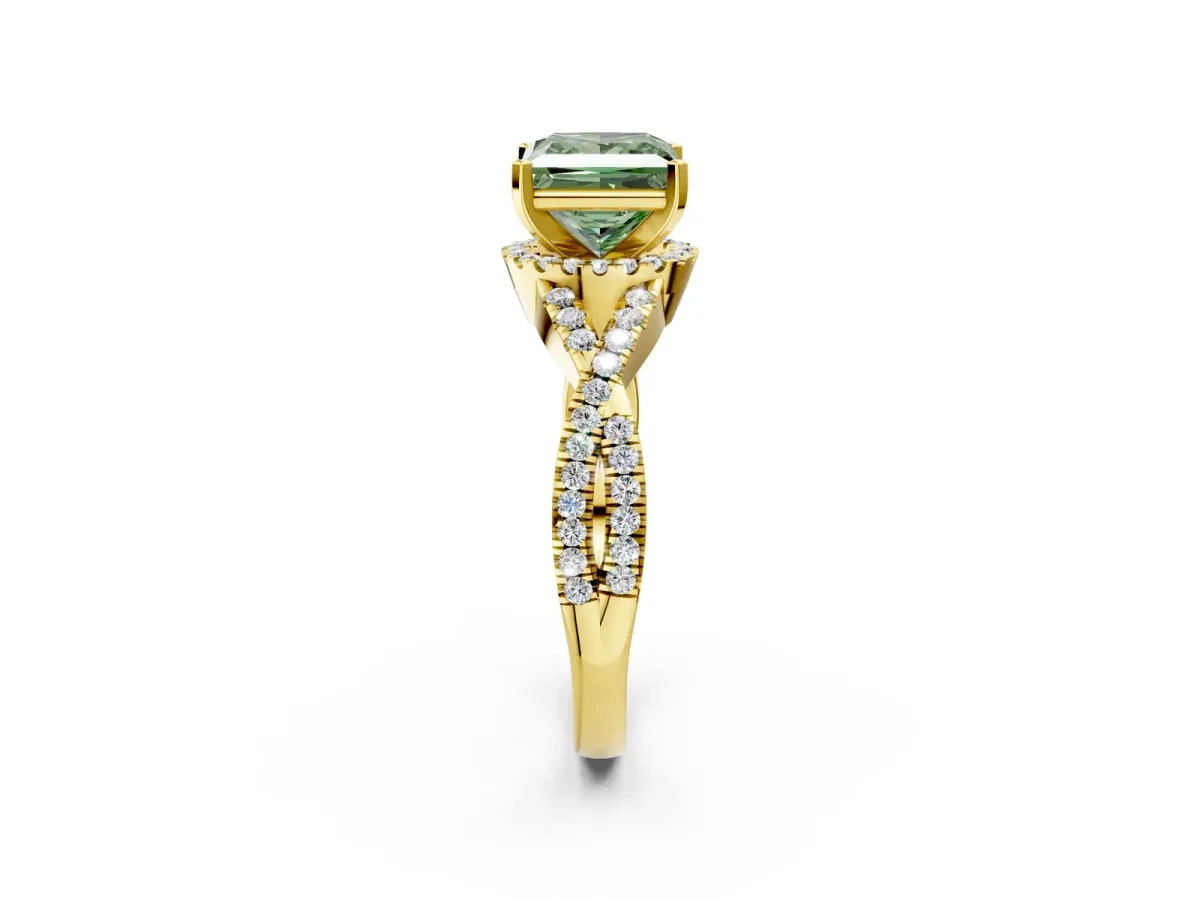 Fancy Green Princess Cut Diamond Halo Twist Band Solitaire Prong Setting Ring Yellow gold