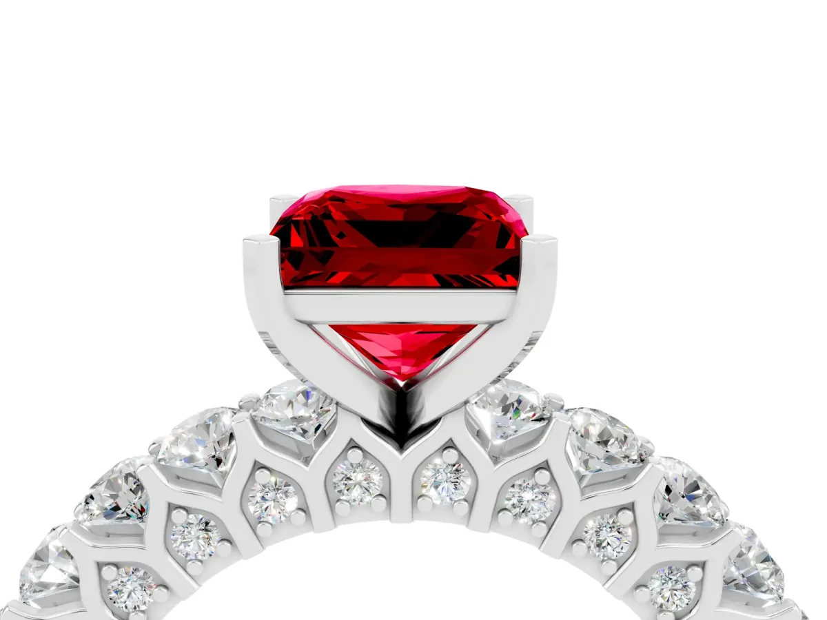 Princess Cut Ruby Solitaire Ring with Shared Prong Pavé Band and Four-Prong Setting White gold