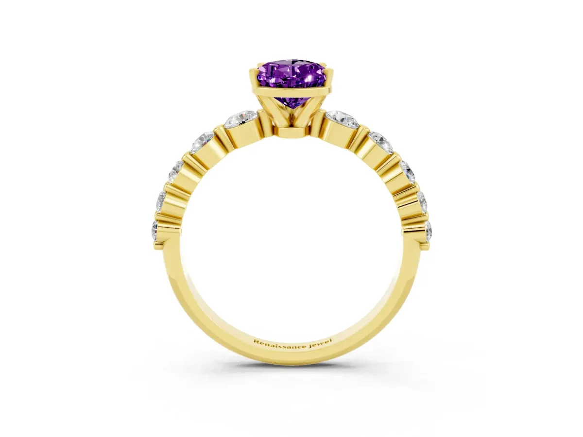Pear Cut Solitaire Amethyst Ring with Pave Band and Four-Prong Setting Yellow gold