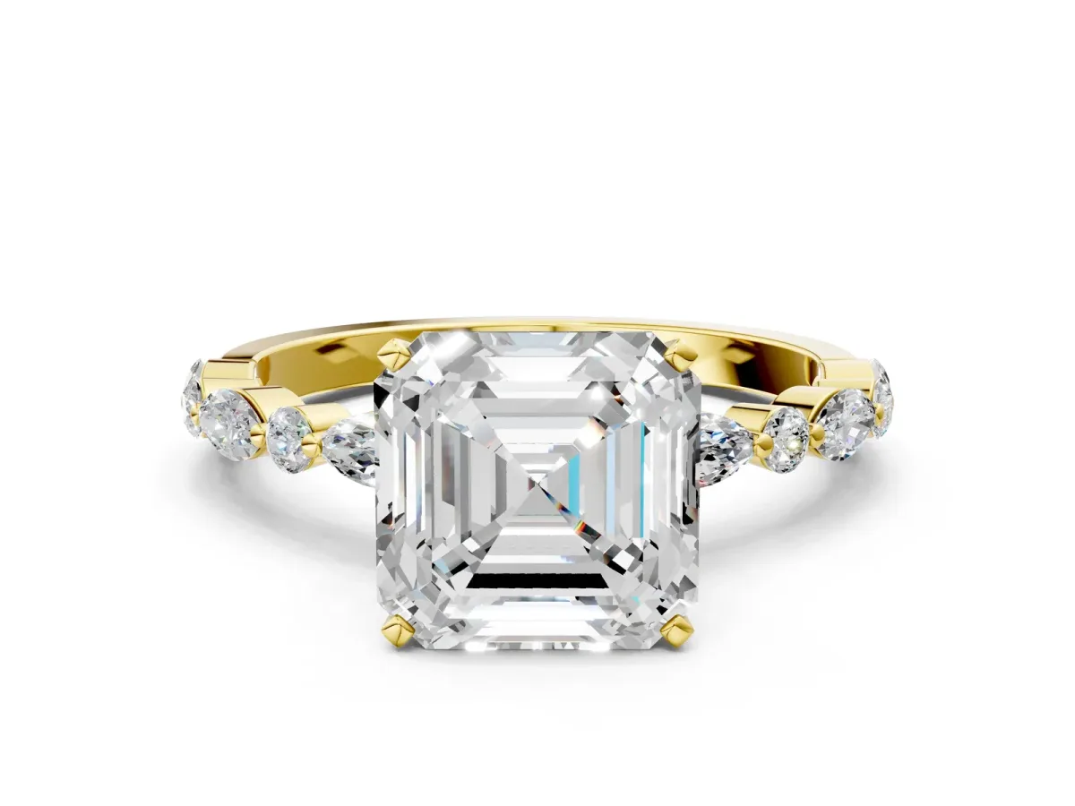 Asscher Cut Diamond Ring with Marquise and Round Side Stones and Four-Prong Setting Yellow gold