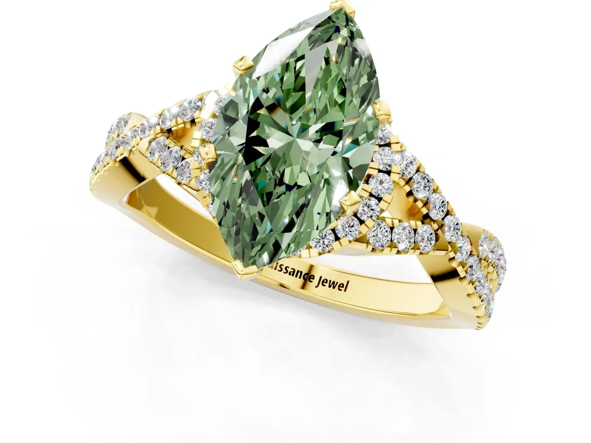 Fancy Green Marquise Cut Diamond Halo Twist Band Solitaire Prong Setting Ring Yellow gold