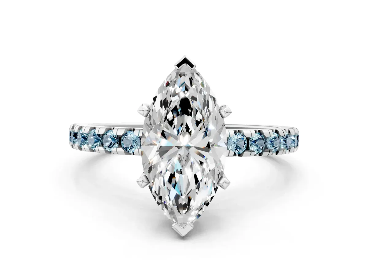 Marquise Cut Diamond Solitaire Ring with Round Aquamarine Pavé Band and Four-Prong Setting Platinum