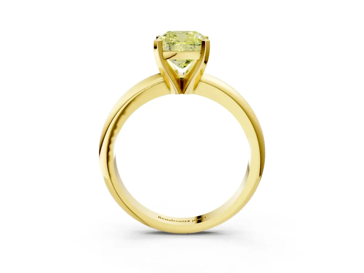 Fancy Yellow Cushion Cut Diamond Solitaire Engagement Ring with Round Band and Four-Prong Setting Yellow gold