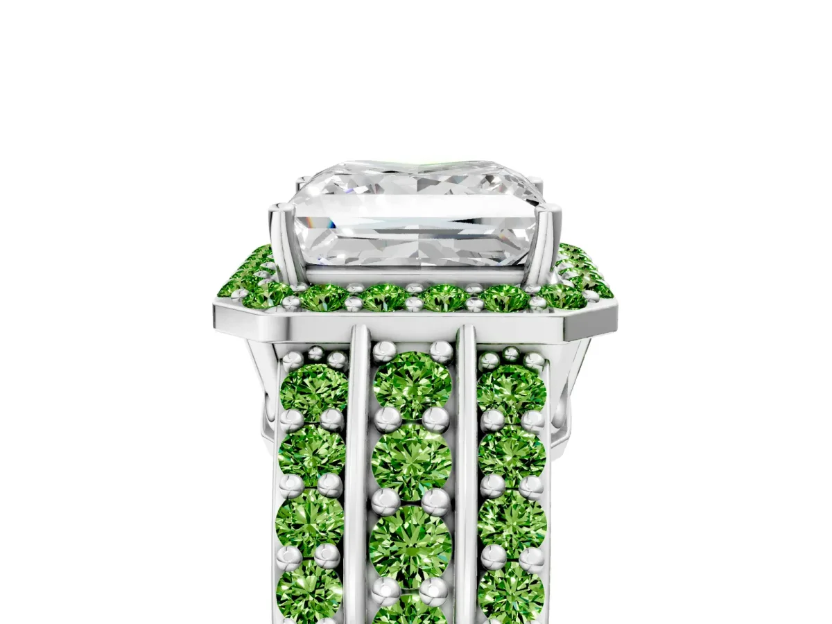 Princess Cut Halo Diamond Ring with Round Peridot Split Shank and Prong Setting White gold