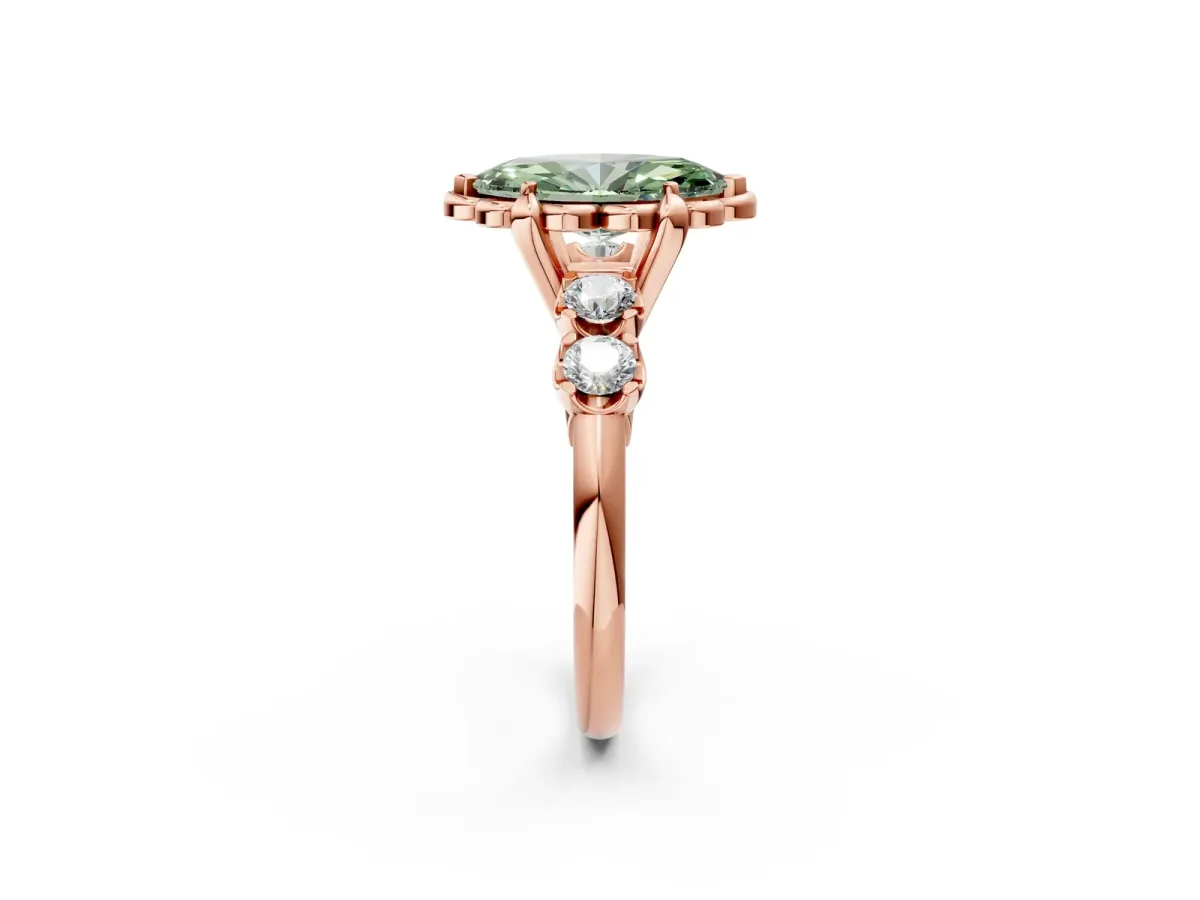 Fancy Green Marquise Cut Cut Diamond Floral Halo Engagement Ring with Shared Prong Setting Rose gold
