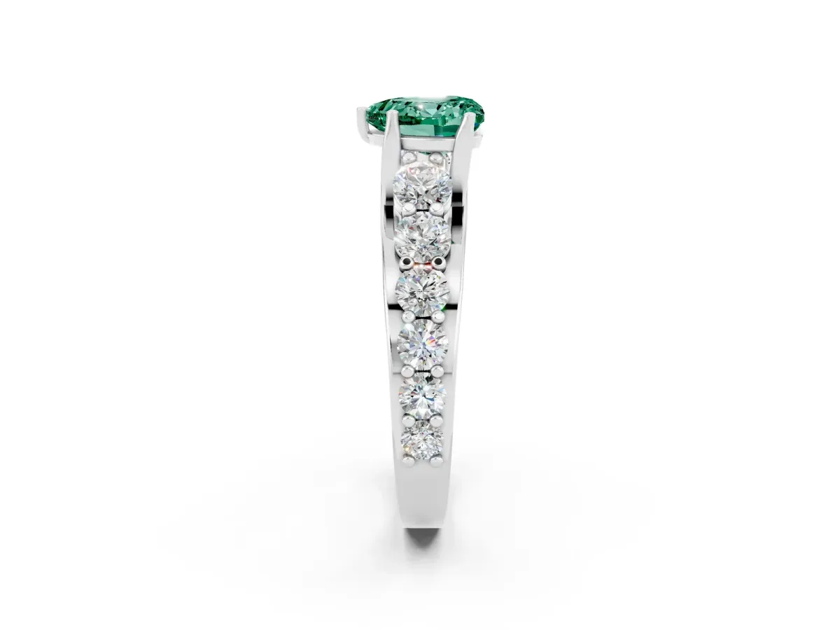Heart Cut Green Sapphire Engagement Ring with Pavé Band and Four-Prong Setting White gold