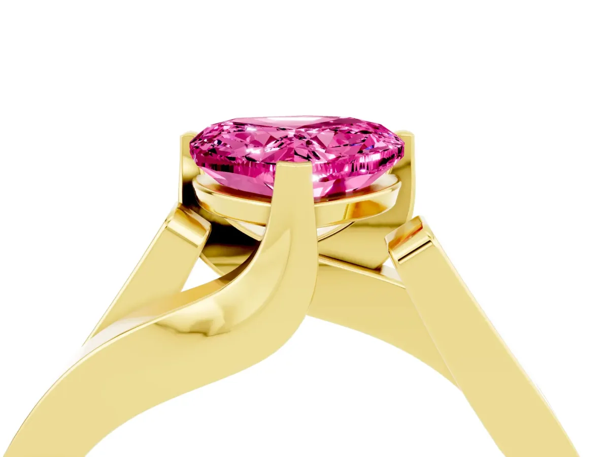 Modern Tension Set Heart Cut Pink Sapphire Solitaire Wide Band Ring Yellow gold