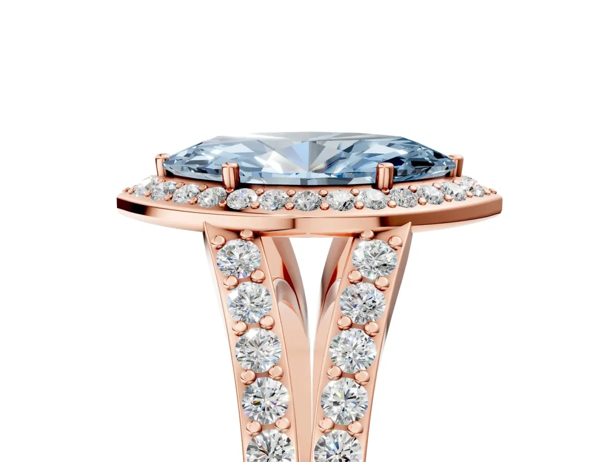Fancy Blue Marquise Cut Diamond Split Shank Halo Ring with Four-Prong Setting Rose gold