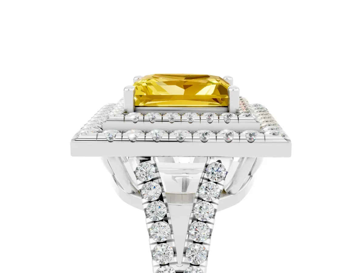 Princess Cut Yellow Sapphire Double Halo Ring with Pavé Band and Prong Setting White gold