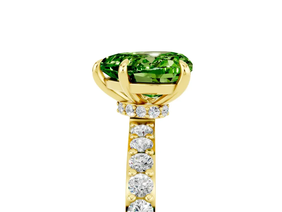 Heart Cut Peridot Solitaire Engagement Ring with Pavé Band and Four-Prong Setting Yellow gold