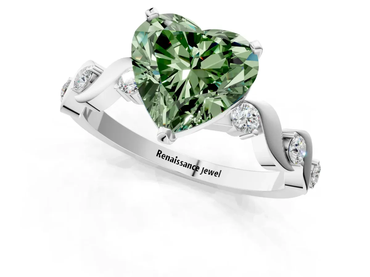 Fancy Green Heart Cut Diamond Solitaire Twisted Band with Round Accents and Prong Setting Platinum