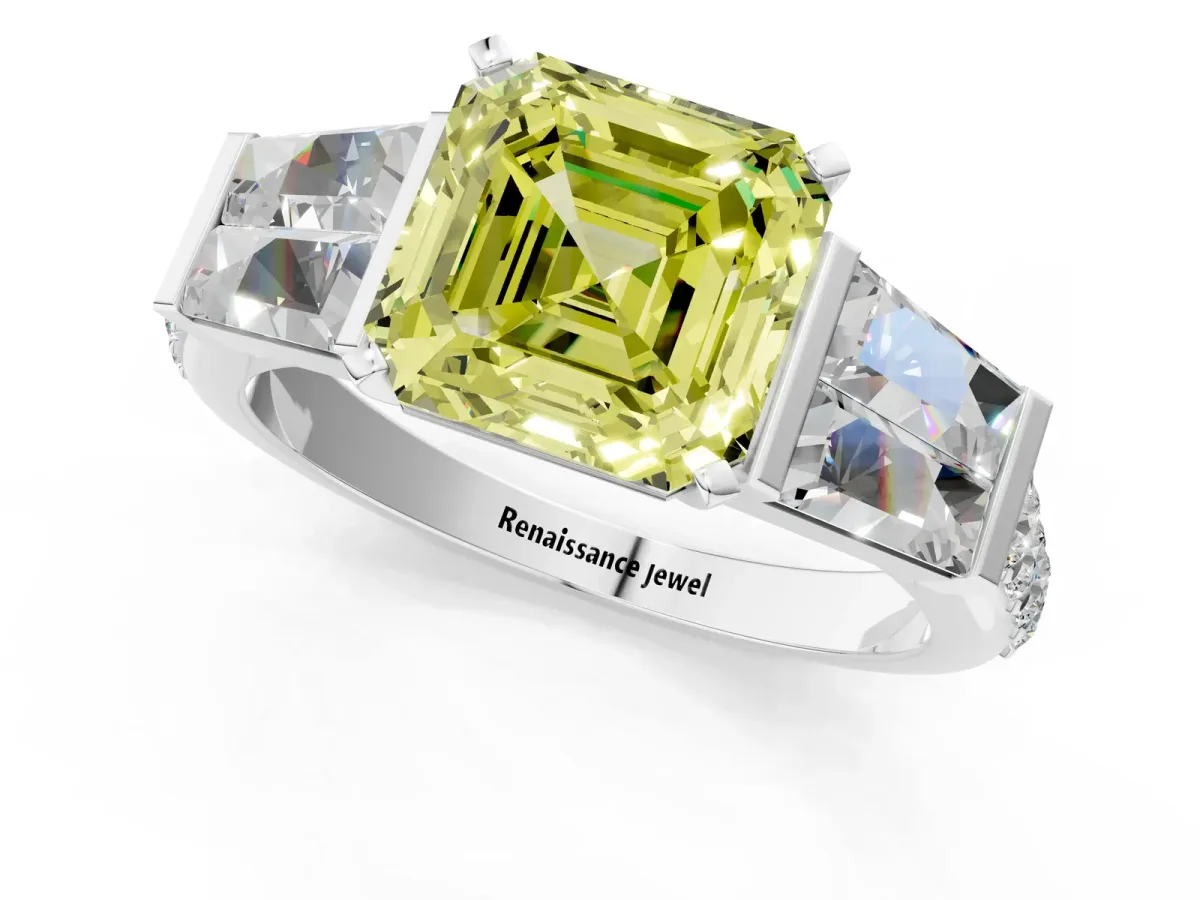 Fancy Yellow Asscher Cut Diamond Engagement Ring with Baguette Side Stones and Channel Set Band Platinum