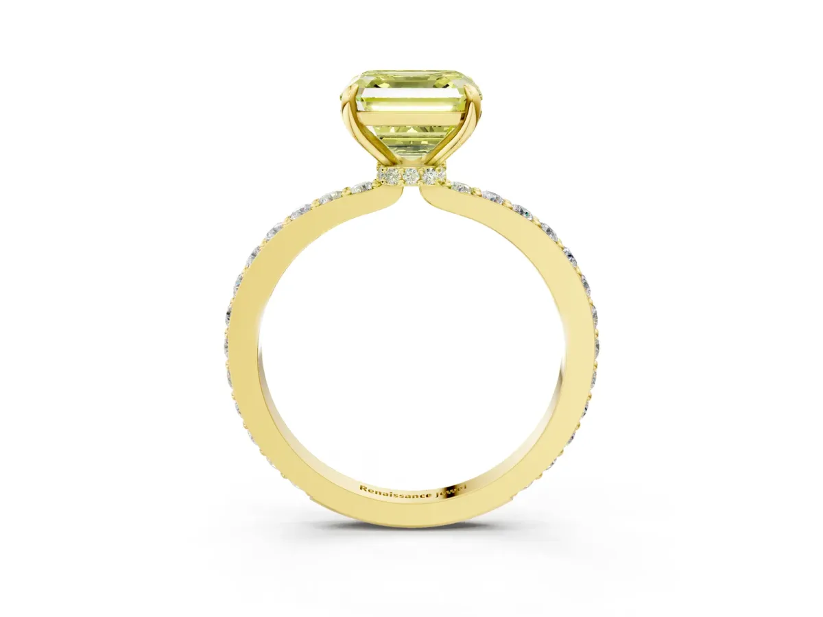 Fancy Yellow Asscher Cut Diamond Solitaire Engagement Ring with Pavé Band and Four-Prong Setting Yellow gold