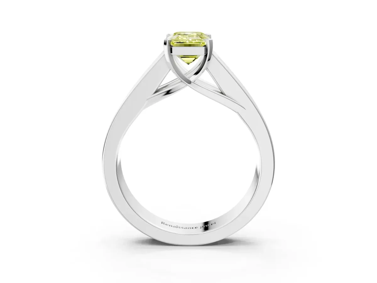 Fancy Yellow Emerald Cut Cut Channel Set Solitaire Ring with Four-Prong Setting White gold