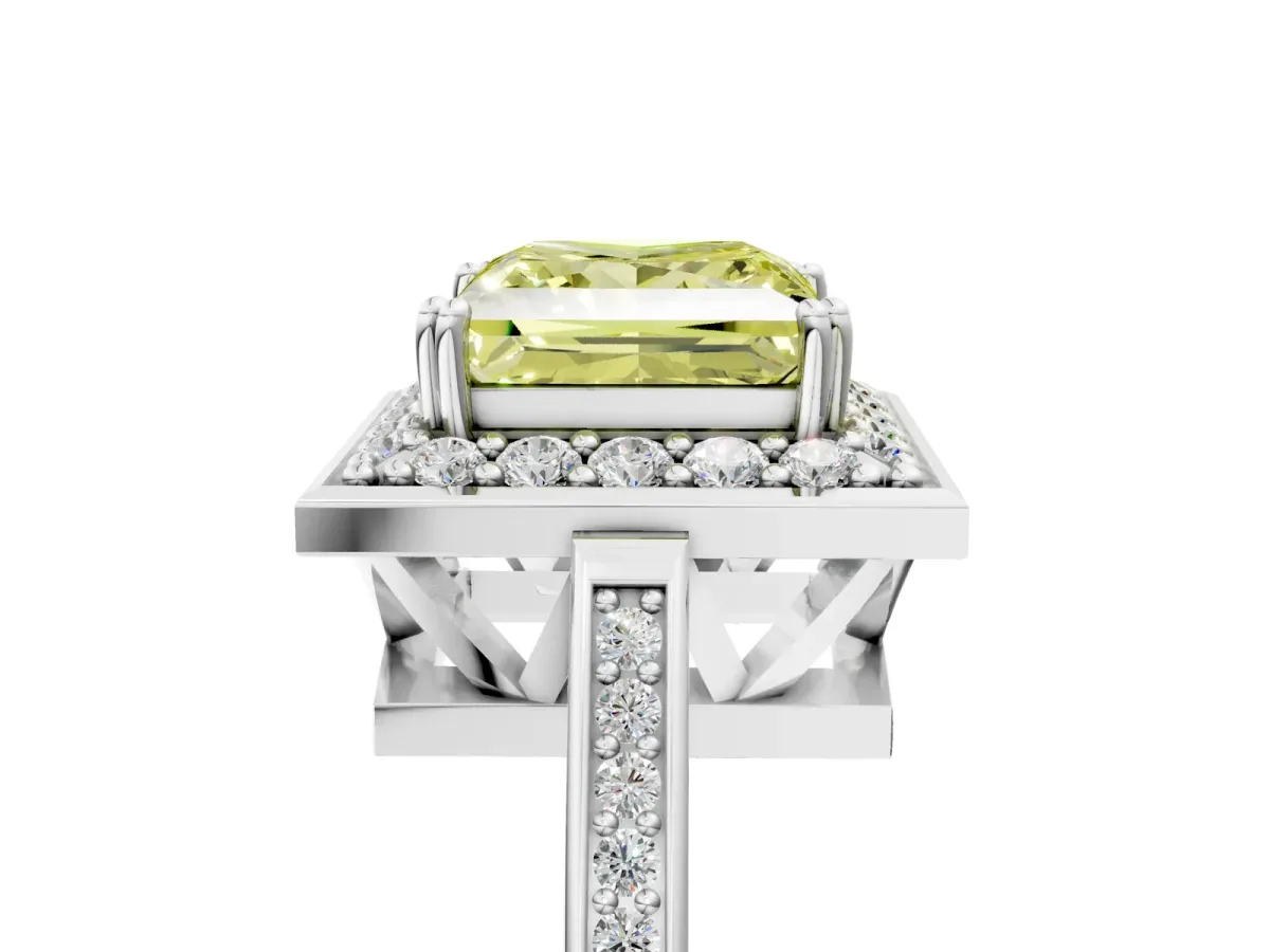 Fancy Yellow Princess Cut Diamond Halo Ring with Split Shank and Four-Prong Setting Platinum