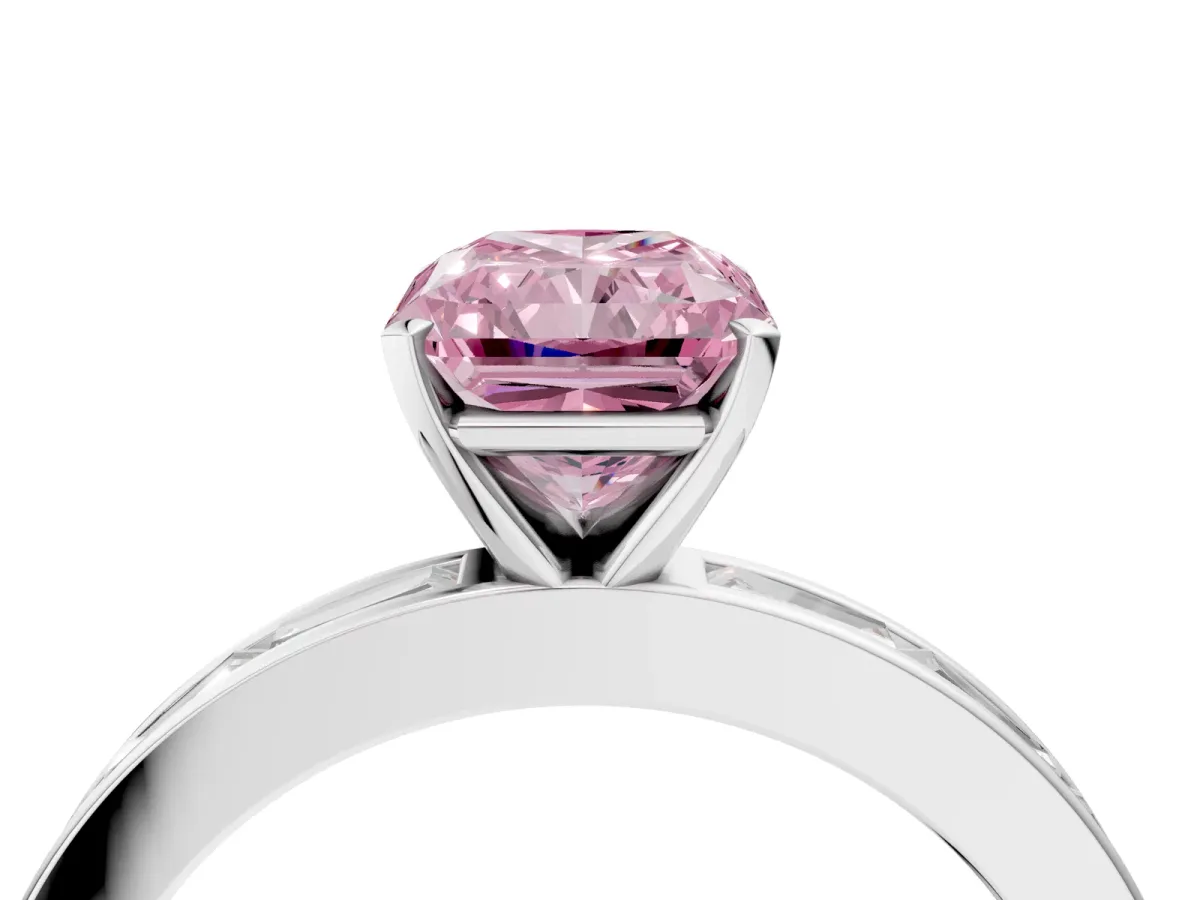 Fancy Pink Radiant Cut Solitaire Diamond Ring with Channel-Set Baguette Band and Four-Prong Setting White gold