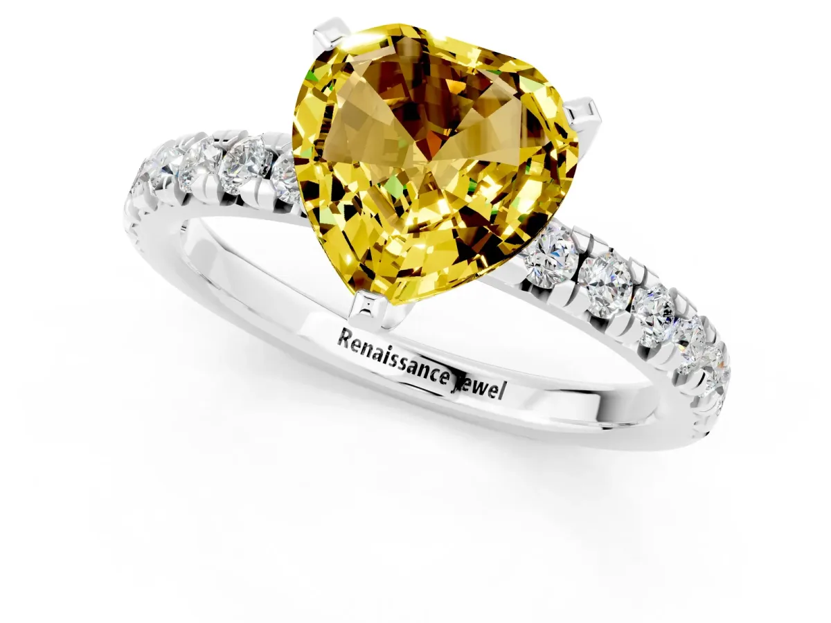 Heart Cut Yellow Sapphire Solitaire Pavé Engagement Ring with Round Band and Prong Setting Platinum