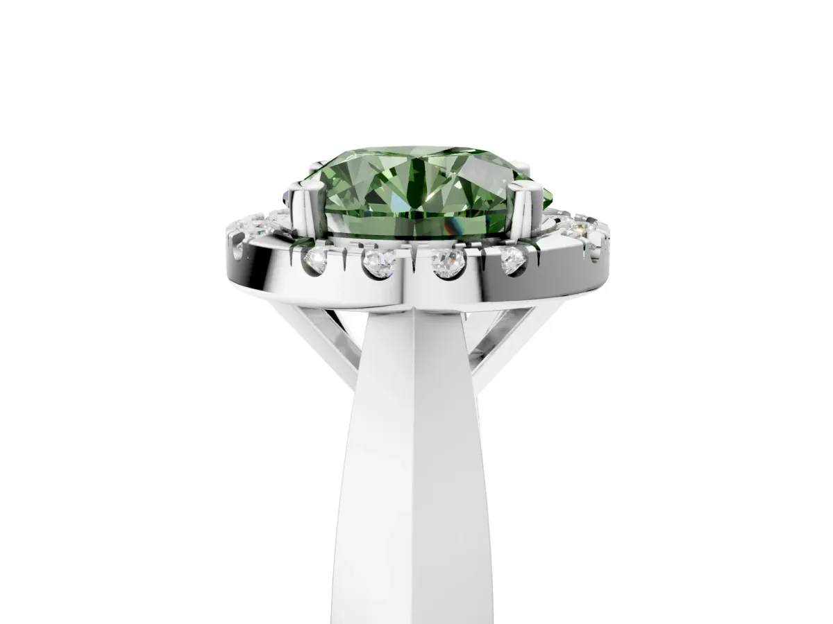 Fancy Green Round Cut Cut Halo Solitaire Engagement Ring with Square Band and Four-Prong Setting White gold
