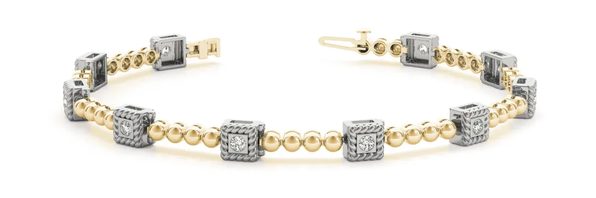 Bezel Set Round Diamond Tennis Bracelet with Ball Link Band Yellow gold