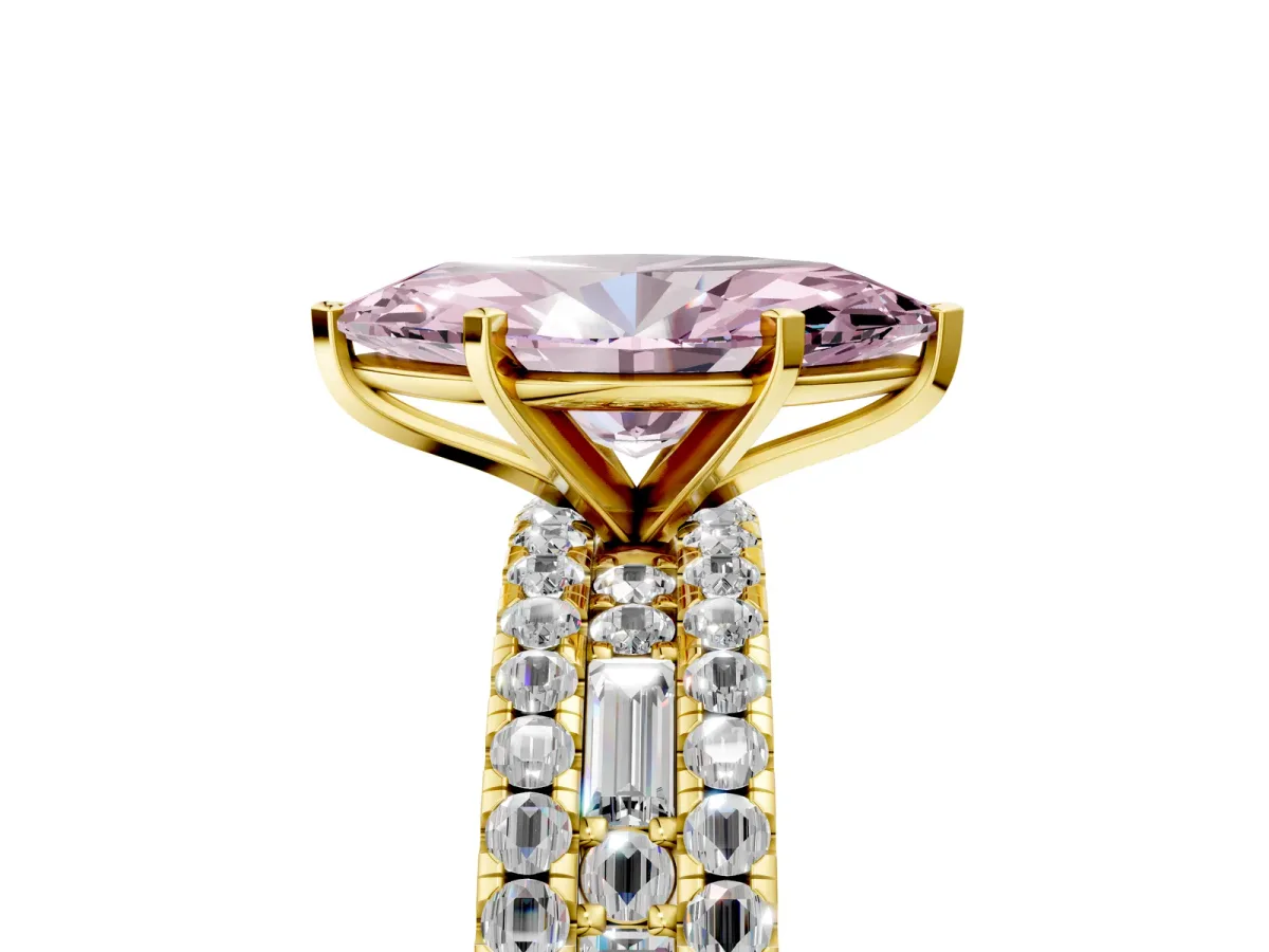 Fancy Pink Marquise Cut Diamond Solitaire Ring with Pavé and Channel Set Band Yellow gold