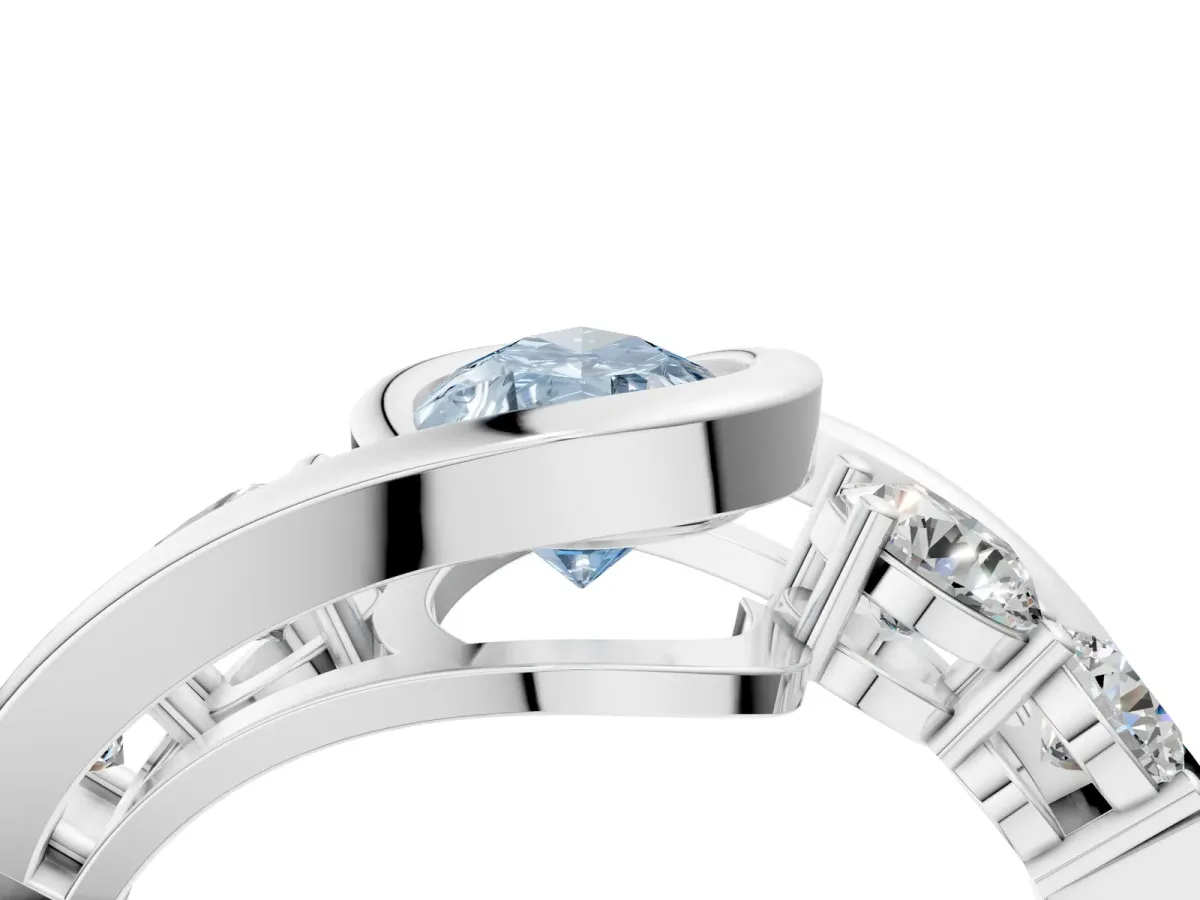 Fancy Blue Bezel Set Pear Cut Diamond Bypass Ring with Round Accents Platinum