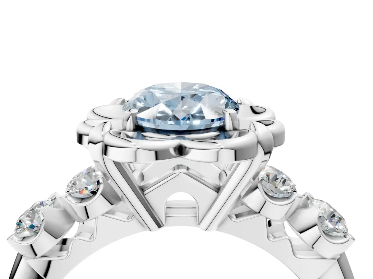 Fancy Blue Oval Cut Cut Diamond Floral Halo Engagement Ring with Shared Prong Setting Silver