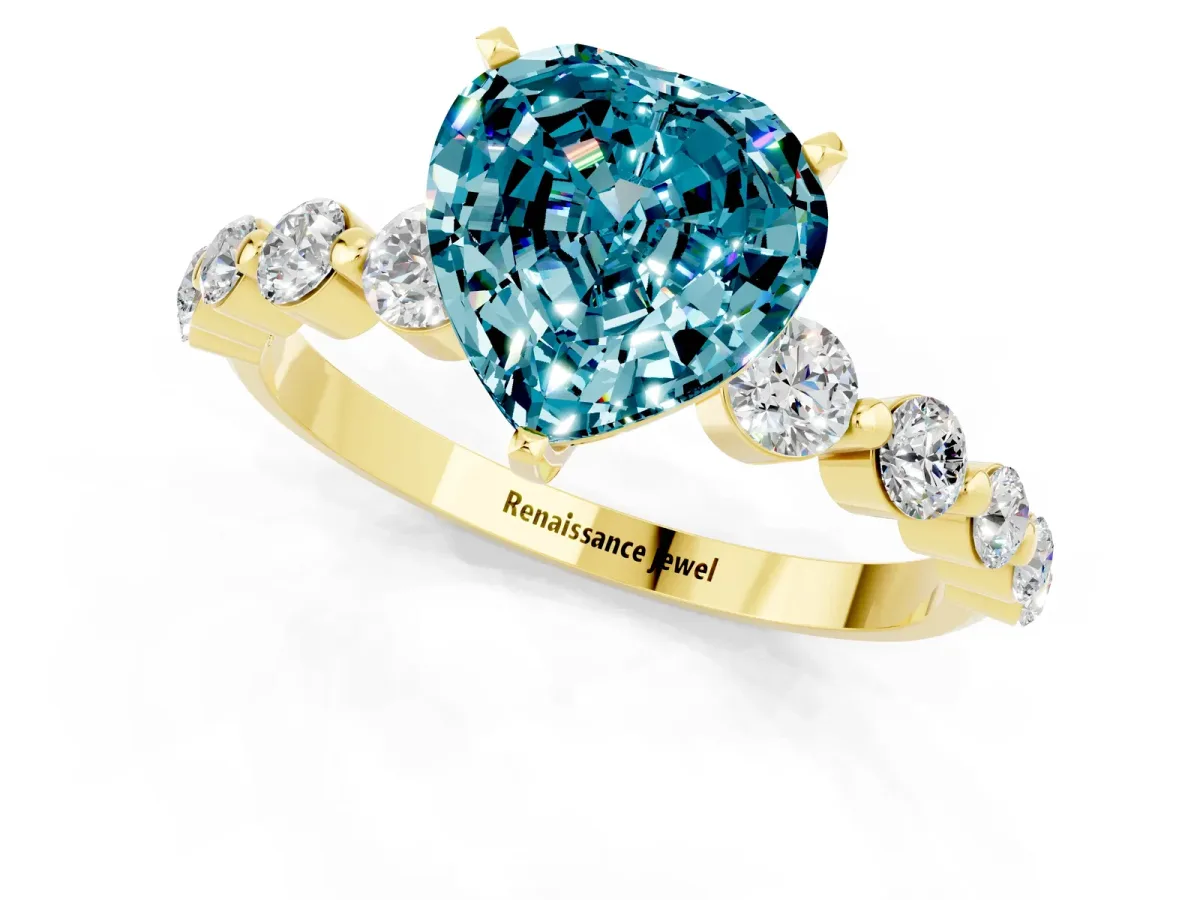 Heart Cut Solitaire Blue Topaz Ring with Pave Band and Four-Prong Setting Yellow gold