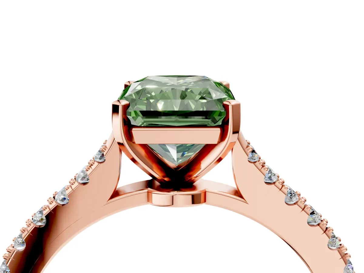 Fancy Green Radiant Cut Cut Solitaire Diamond Engagement Ring with Pave Band and Four-Prong Setting Rose gold