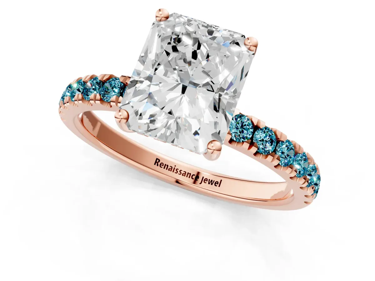 Radiant Cut Diamond Pave Band Solitaire Ring with Round Blue Topaz and Prong Setting Rose gold