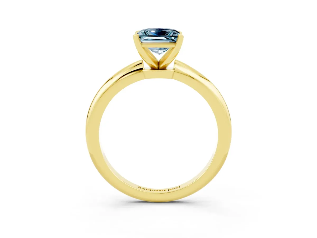 Princess Cut Aquamarine Solitaire Ring with Six-Prong Setting and Classic Band Yellow gold