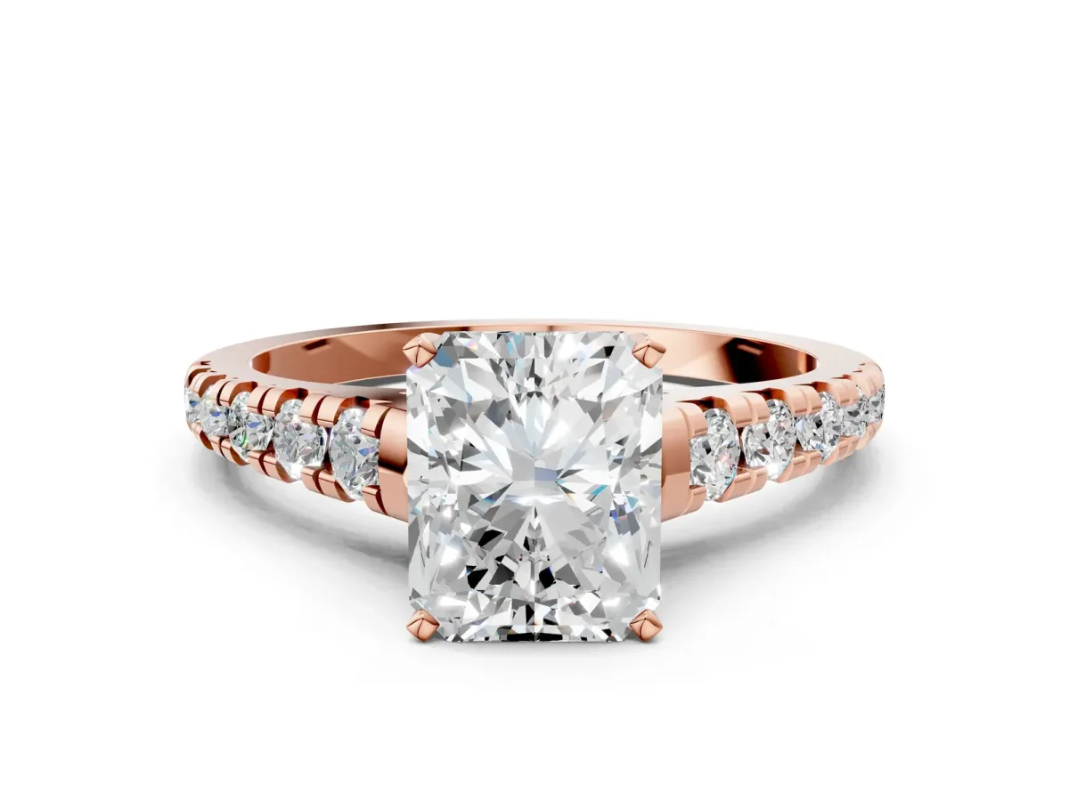 Radiant Cut Diamond Cathedral Solitaire Ring with Round Moissanite Pavé Band Rose gold