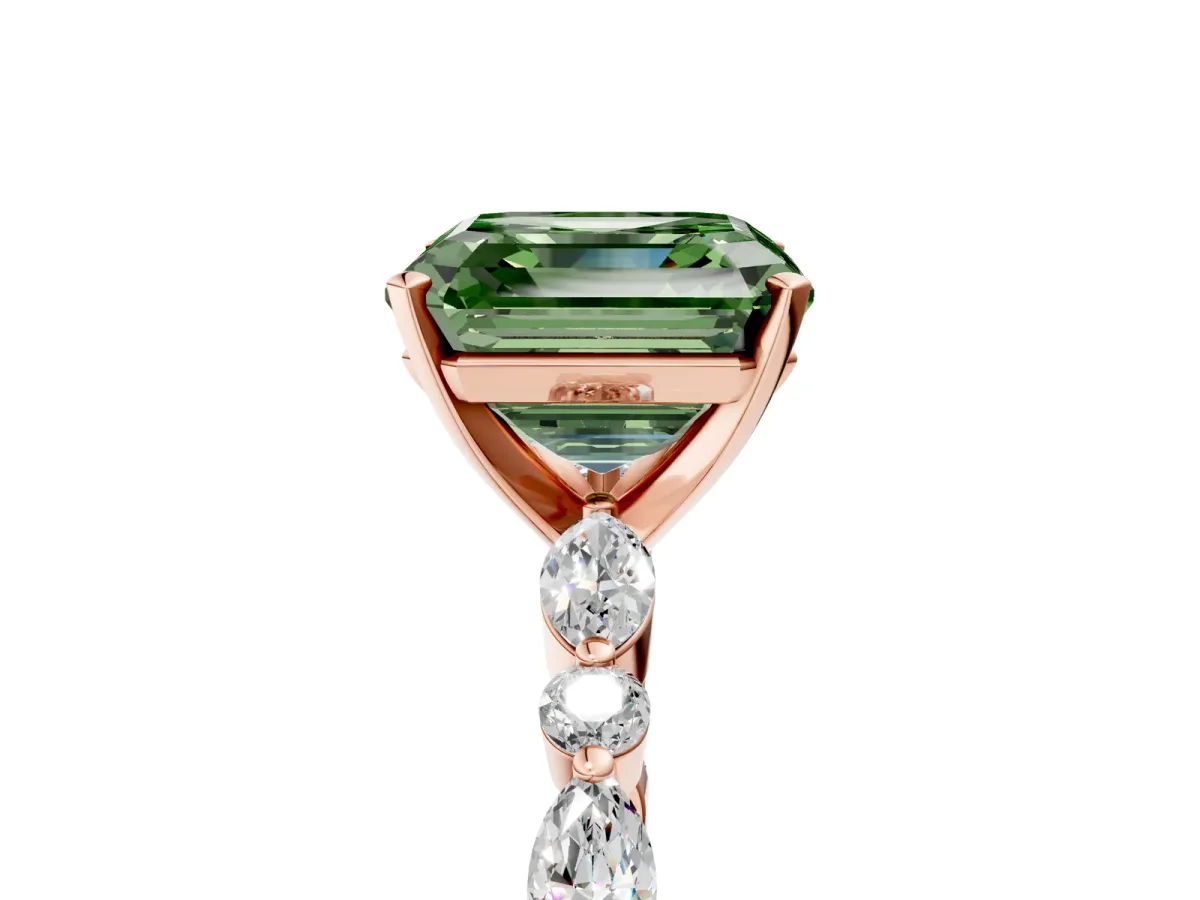 Fancy Green Asscher Cut Diamond Ring with Marquise and Round Side Stones and Four-Prong Setting Rose gold