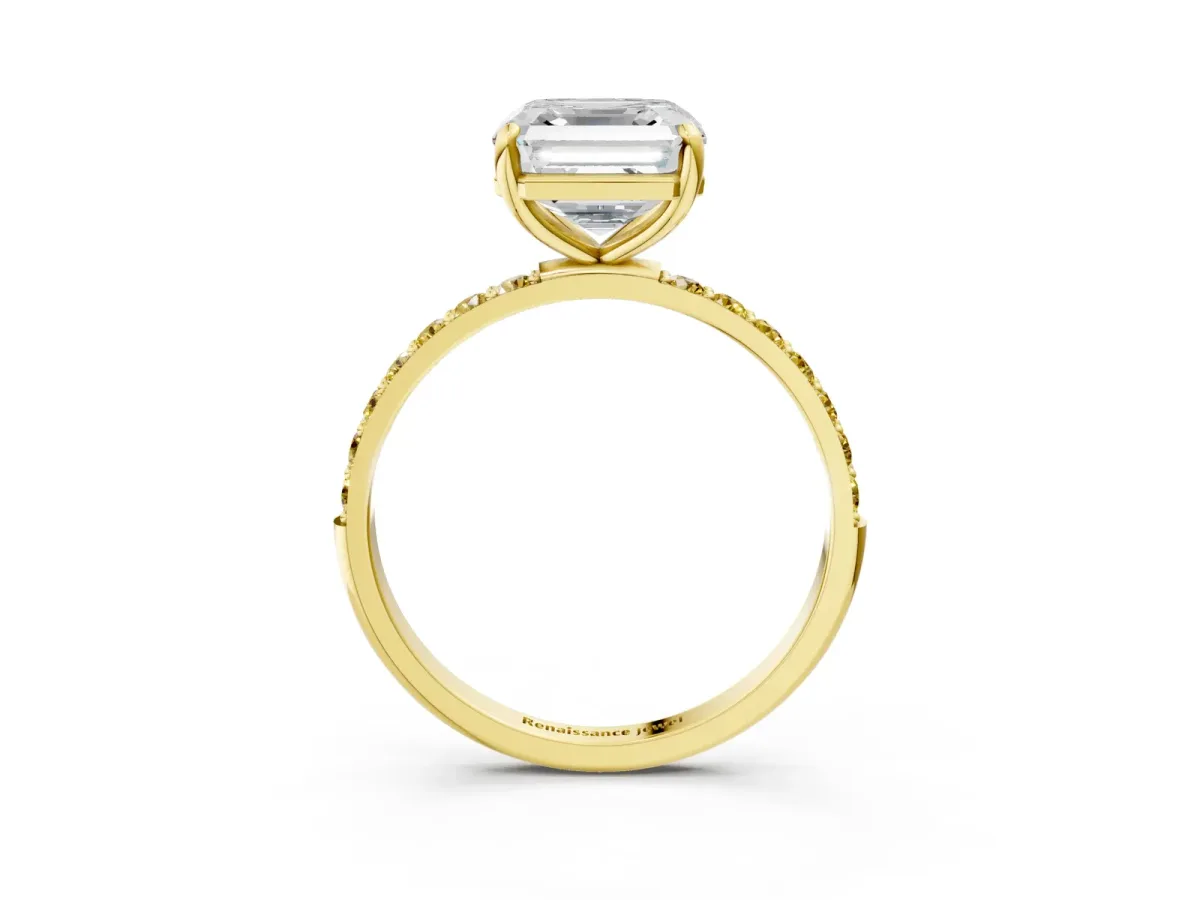 Asscher Cut Diamond Solitaire Ring with Round Yellow Sapphire Pavé Band and Prong Setting Yellow gold