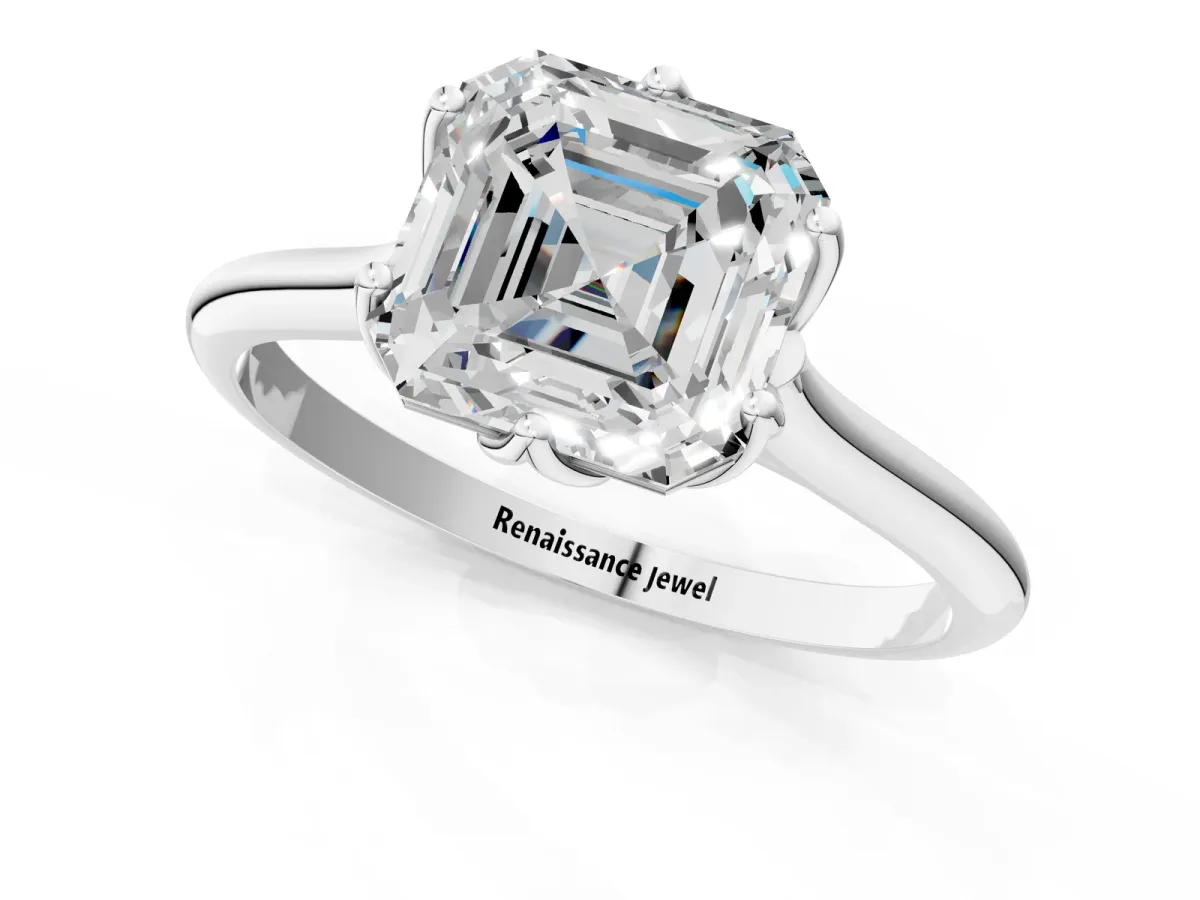 Asscher Cut Solitaire Cathedral Diamond Ring with Six-Prong Setting Platinum
