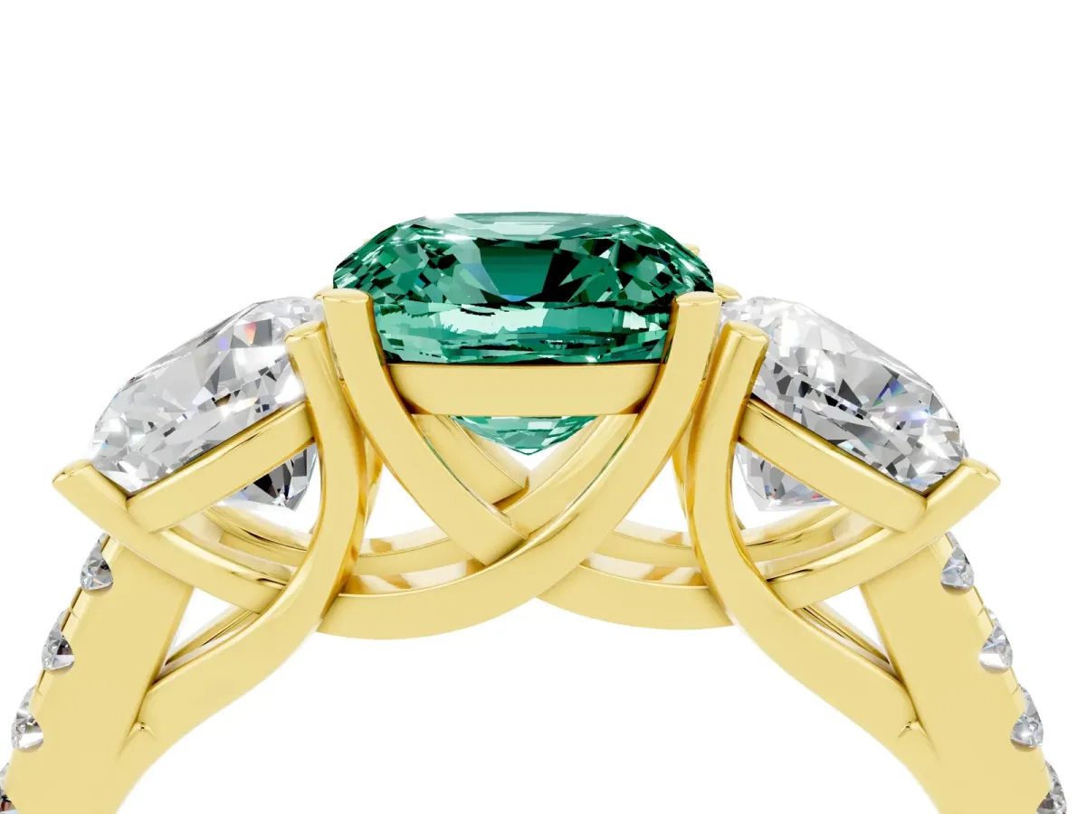 Three-Stone Cushion Cut Green Sapphire Ring with Round Pavé Band and Prong Setting Yellow gold