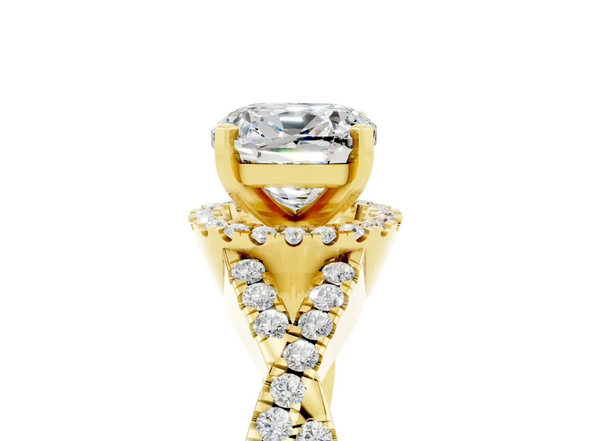 Cushion Cut Moissanite Halo Twist Band Solitaire Prong Setting Ring Yellow gold