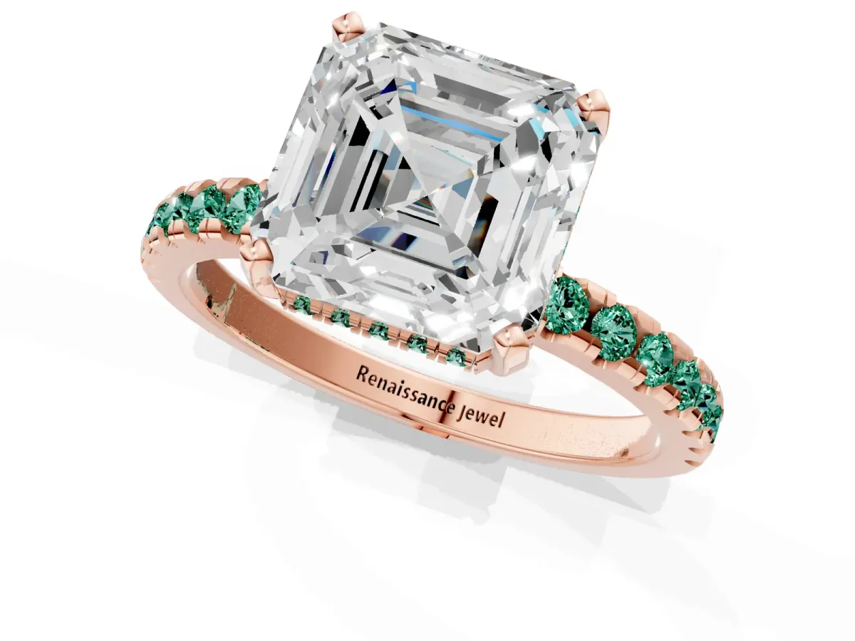 Asscher Cut Diamond Solitaire Ring with Round Green Sapphire Pavé Band and Four-Prong Setting Rose gold