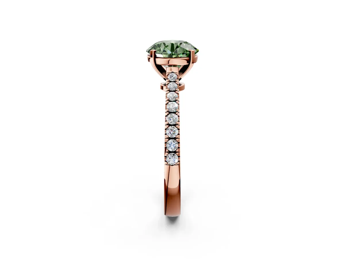 Fancy Green Round Cut Cut Solitaire Diamond Engagement Ring with Pave Band and Four-Prong Setting Rose gold