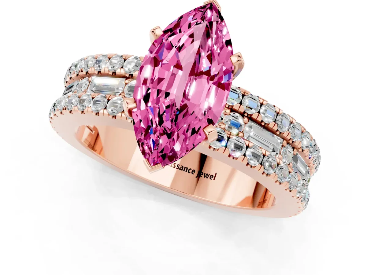 Marquise Cut Pink Sapphire Solitaire Ring with Pavé and Channel Set Band Rose gold