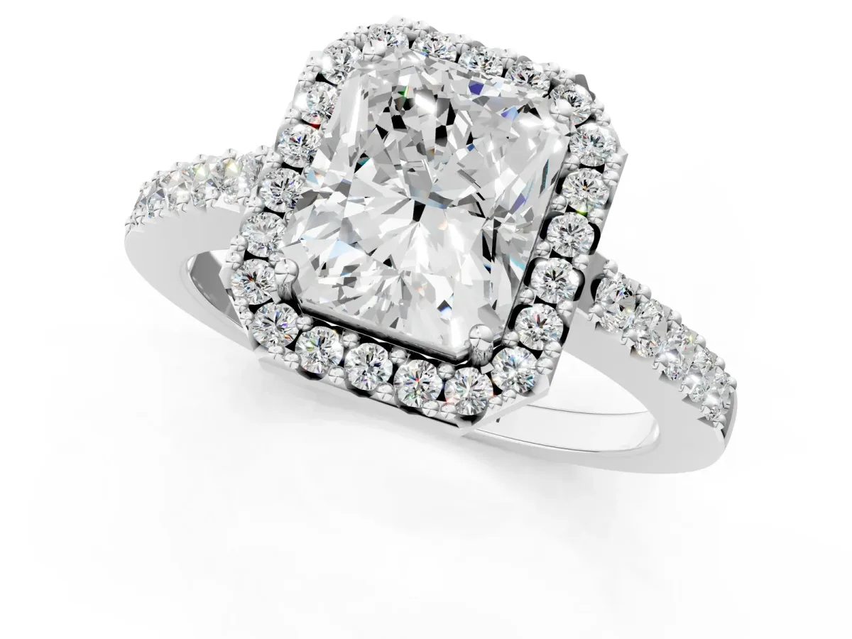Radiant Cut Halo Diamond Pavé Solitaire Ring Platinum