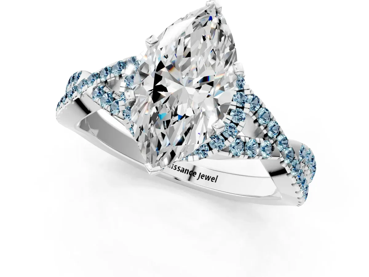 Marquise Cut Diamond Aquamarine Halo Twist Band Solitaire Prong Setting Ring White gold