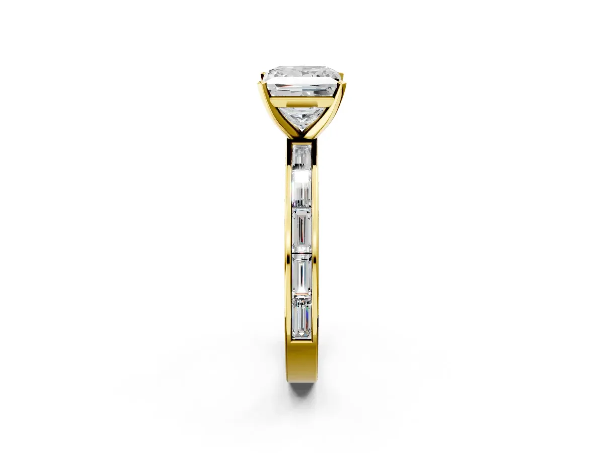 Princess Cut Solitaire Diamond Ring with Channel-Set Baguette Band and Four-Prong Setting Yellow gold