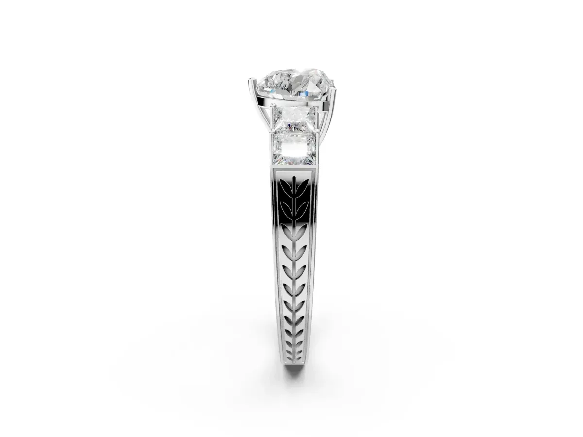 Heart Cut Solitaire Princess Side Stone Engraved Band Prong Setting Ring Silver