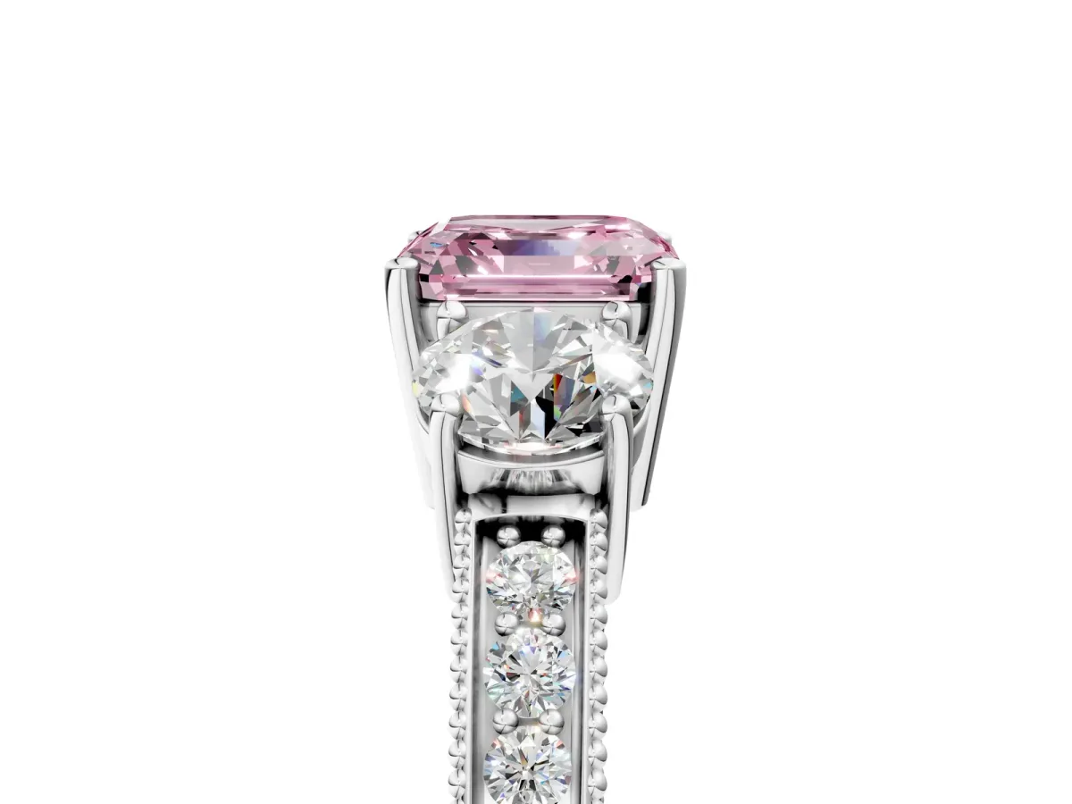Fancy Pink Asscher Cut Three-Stone Diamond Ring with Pavé Band and Four-Prong Setting Platinum