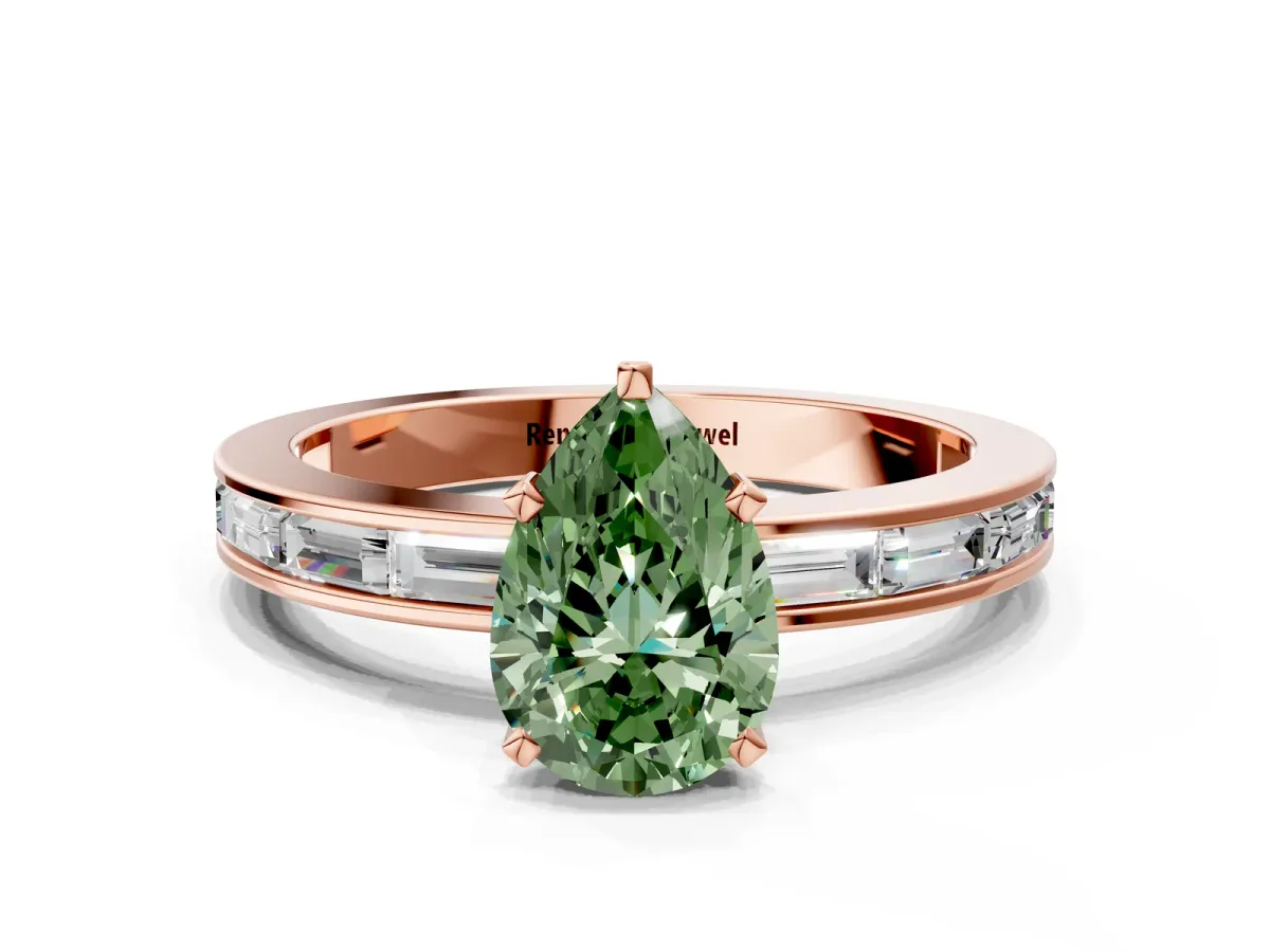 Fancy Green Pear Cut Solitaire Diamond Ring with Channel-Set Baguette Band and Four-Prong Setting Rose gold