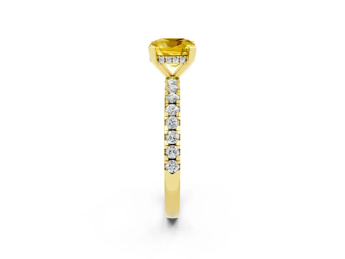 Cushion Cut Yellow Sapphire Solitaire Ring with Round Pavé Band and Four-Prong Setting Yellow gold