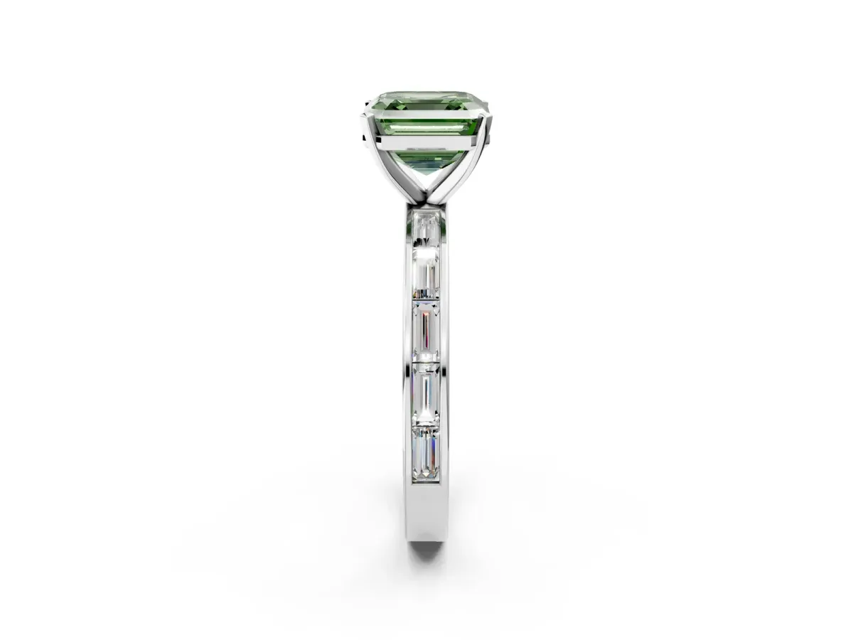 Fancy Green Asscher Cut Solitaire Diamond Ring with Channel-Set Baguette Band and Four-Prong Setting White gold